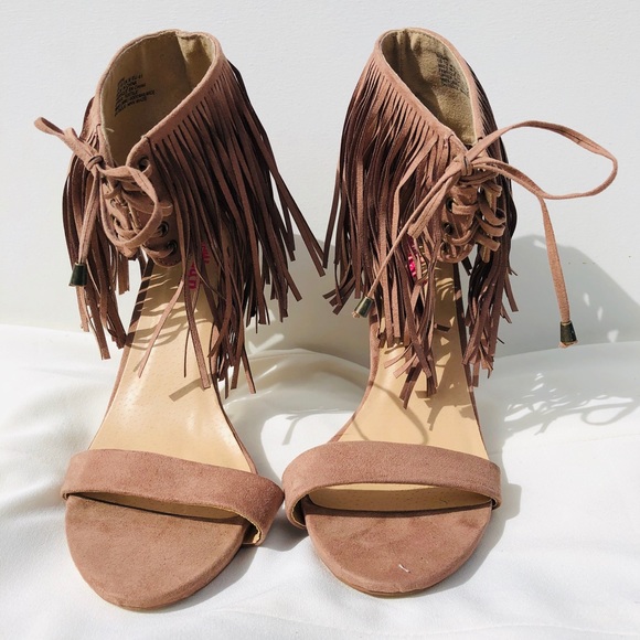 Fringed Nude Heeled Sandals - Picture 1 of 7